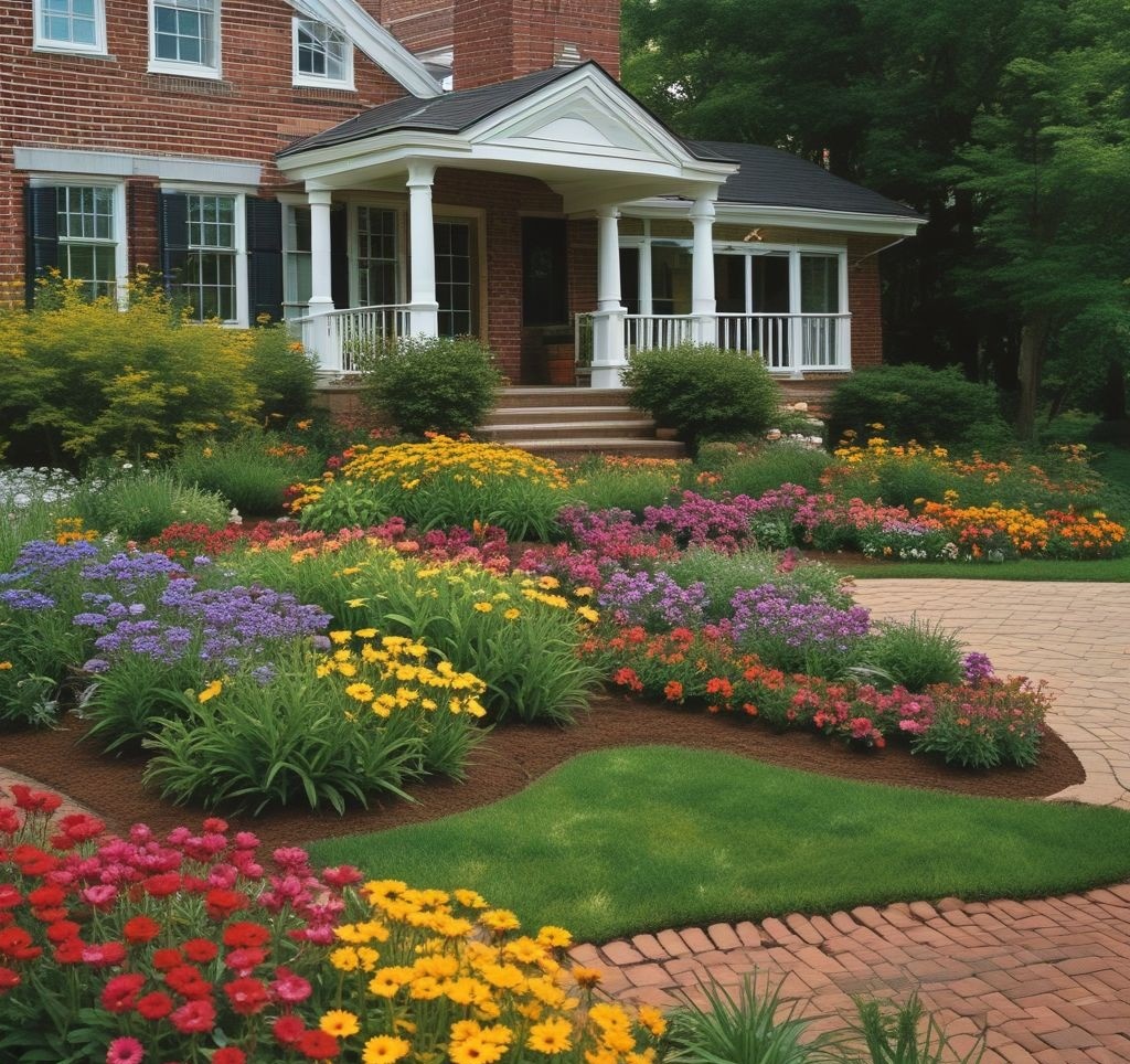 A stunning front yard flower bed with vibrant perennials such as coneflowers, black-eyed Susans, and daylilies in full bloom. The garden is neatly arranged with a layer of dark mulch for weed control. A classic brick house serves as a backdrop, with a neatly trimmed lawn surrounding the beds.