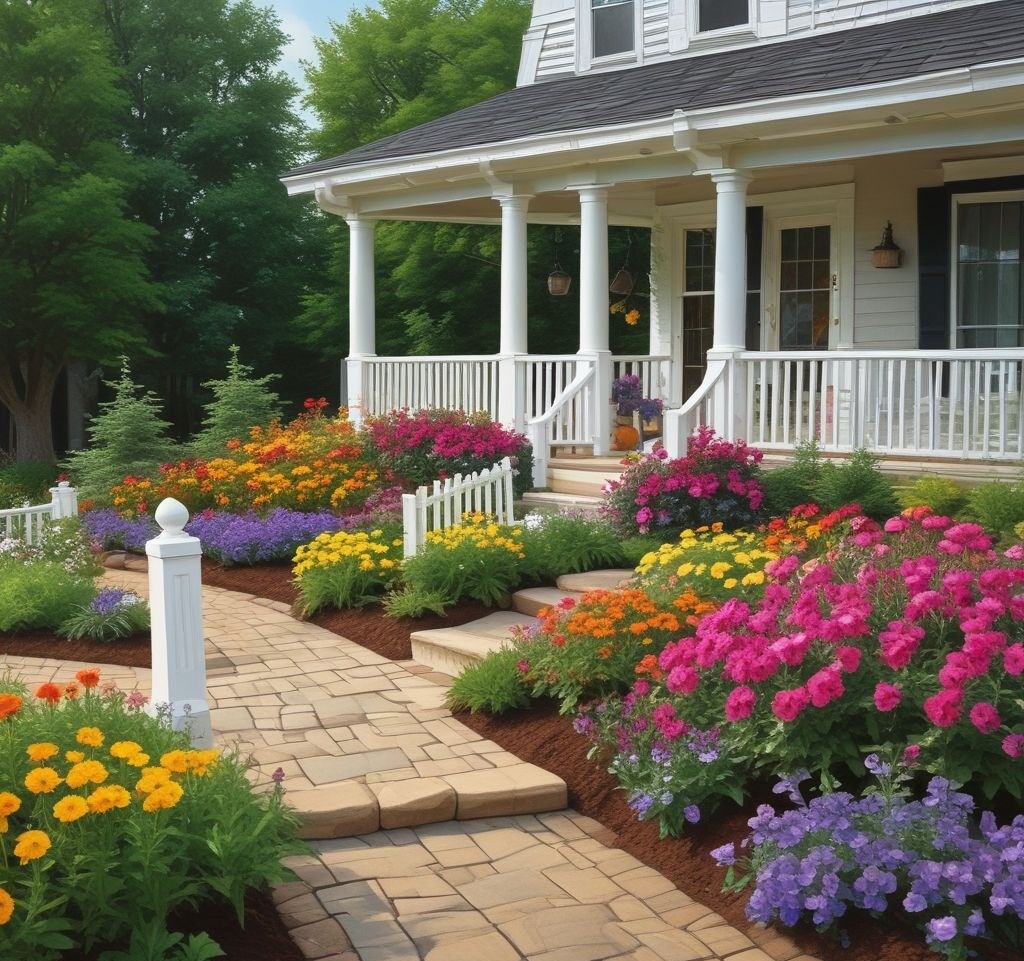 A well-maintained front yard flower bed with rich brown mulch covering the soil. Bright petunias, marigolds, and hostas are neatly arranged in clusters. The flower bed has a stone border, and a garden path winds through the scene, leading to a charming white porch with hanging flower baskets.