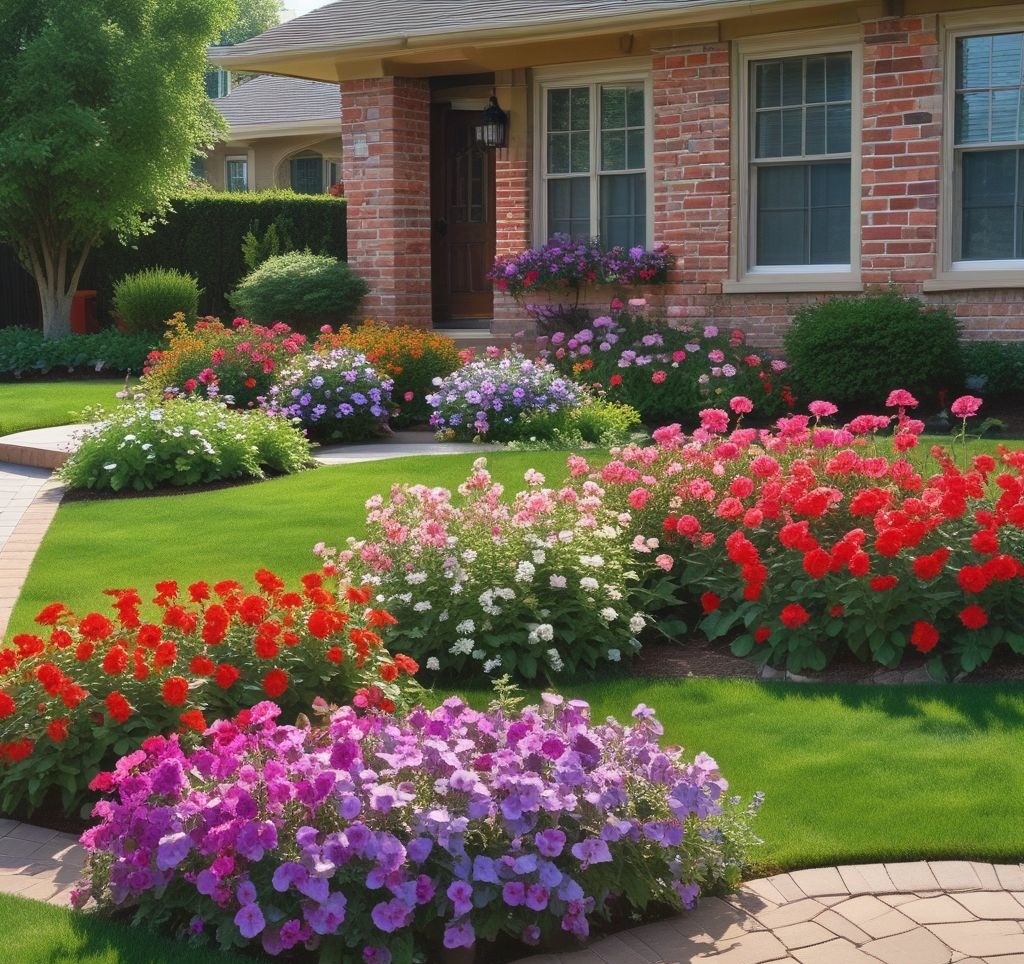 A front yard with elegant raised wooden flower beds filled with colorful petunias, begonias, and salvia. The beds are bordered by brick pavers and surrounded by lush green grass. A cozy suburban home with a welcoming entrance and a garden bench is visible in the background.
