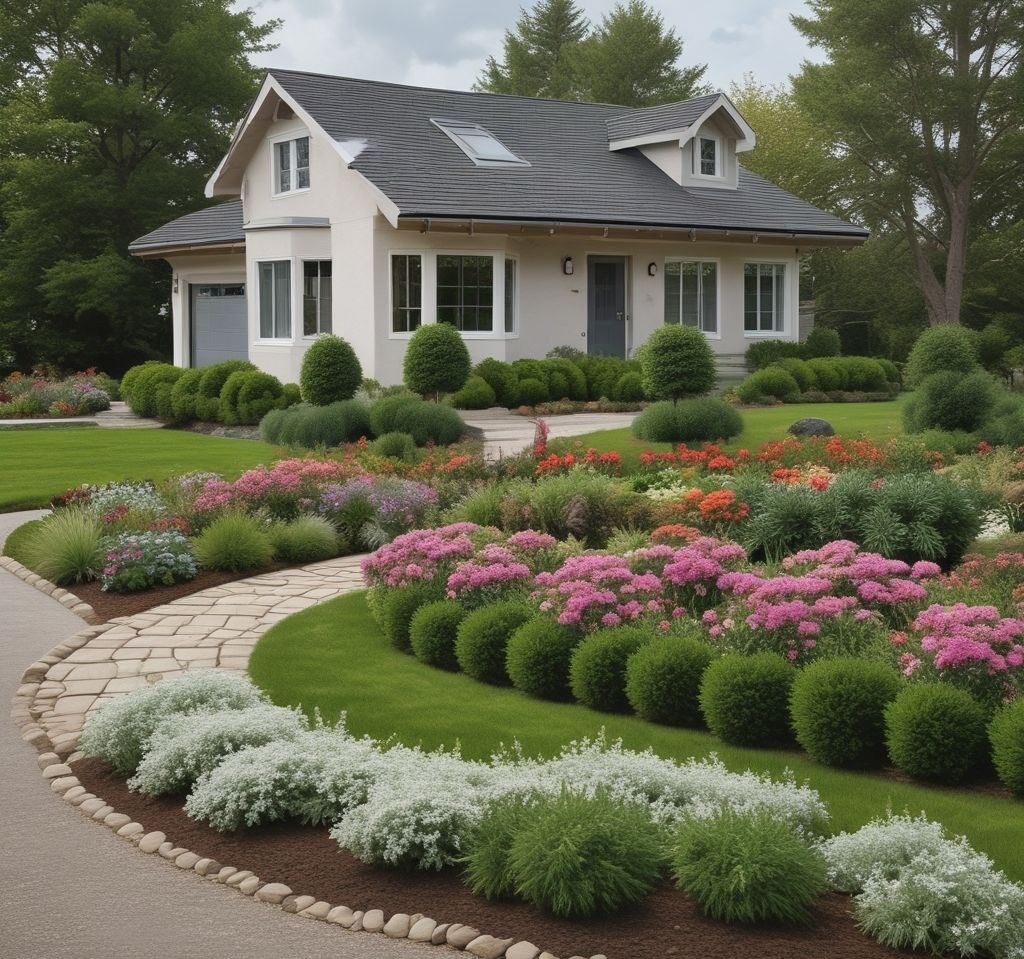 A front yard featuring a perfectly designed flower bed with evergreen shrubs, boxwoods, and small conical spruce trees. Soft ground cover plants like creeping thyme fill the gaps. The scene is set against a modern home with a neutral facade, and a stone pathway leads to the front door.