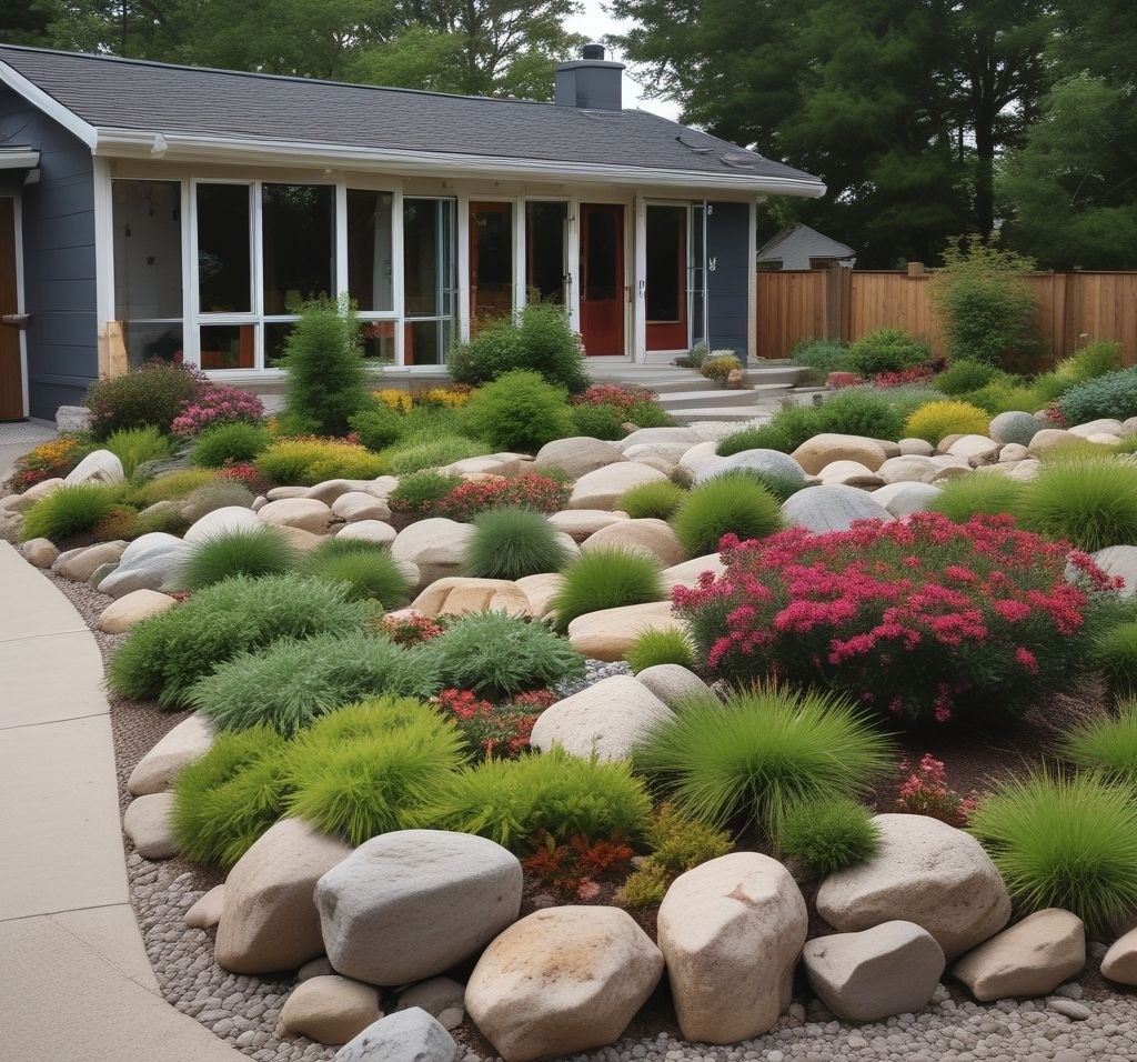 A front yard flower bed designed as a rock garden, featuring low-maintenance plants such as sedum, creeping phlox, and dwarf conifers. Large decorative stones and gravel create a natural and structured look. A modern house with large windows and a wooden fence is in the background.