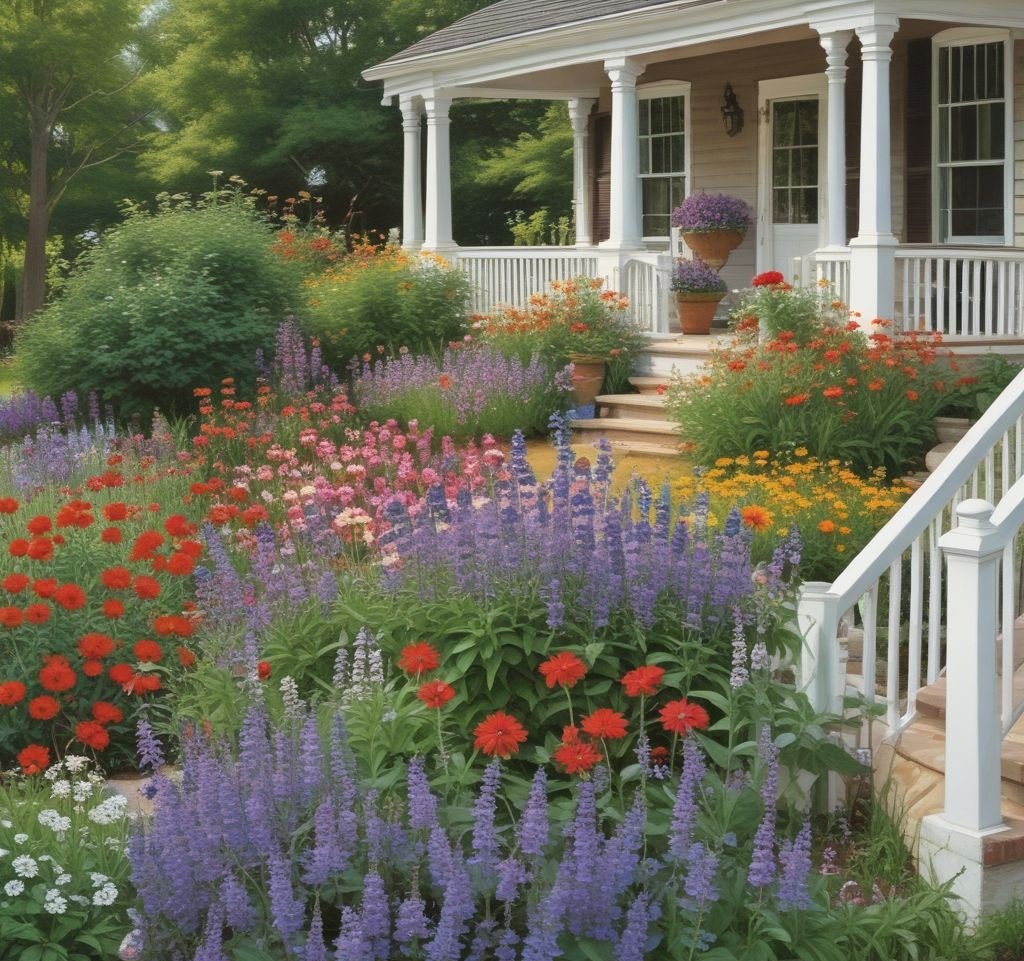 A lively front yard garden bursting with colorful wildflowers, including bee balm, lavender, and daisies, attracting butterflies and bees. A small decorative birdbath is placed among the flowers. The house in the background has a country-style porch with white railings.