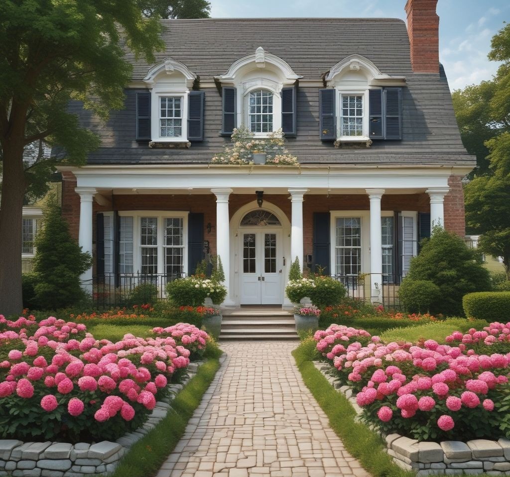 A perfectly symmetrical front yard flower bed with neatly arranged hydrangeas and roses in balanced rows. A stone pathway leads to a grand entrance with potted topiary trees on either side. The house has a classic colonial-style facade with dark shutters and a white door.