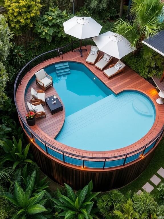 A beautifully designed above-ground pool with a wooden deck, featuring outdoor furniture, lounge chairs, and soft lighting. The deck extends to a small seating area with cushions and a sun umbrella, creating a cozy and inviting outdoor retreat. The surrounding area is filled with lush greenery, enhancing the luxurious feel.
