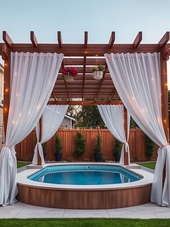 A stylish backyard with an above-ground pool shaded by a modern wooden pergola. Sheer white curtains drape from the sides, adding a breezy and elegant touch. Hanging flower baskets and soft fairy lights complete the scene, making the poolside area feel like a private resort.