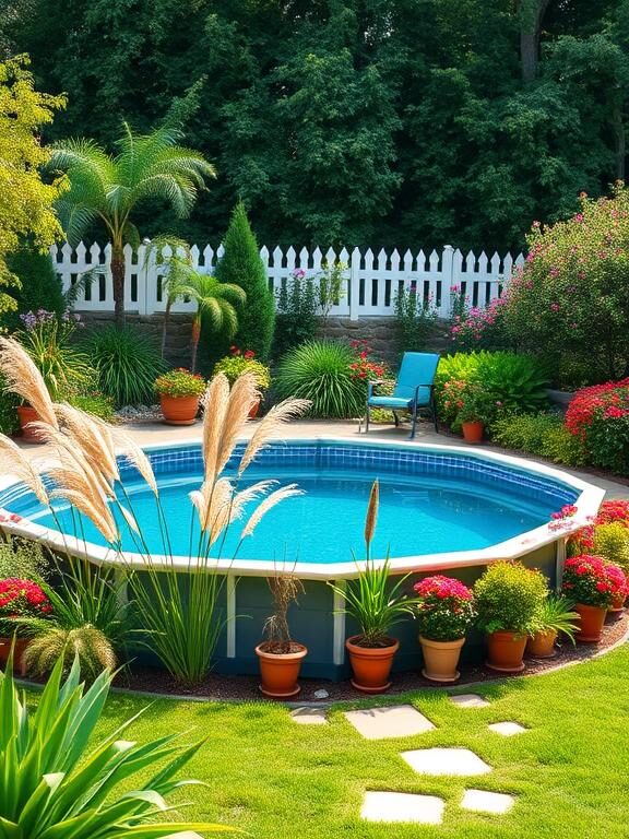 A vibrant backyard featuring an above-ground pool surrounded by lush greenery. Tall ornamental grasses, potted tropical plants, and flowering bushes frame the pool, creating a serene and high-end garden-like atmosphere. A white picket fence in the background adds a touch of elegance.