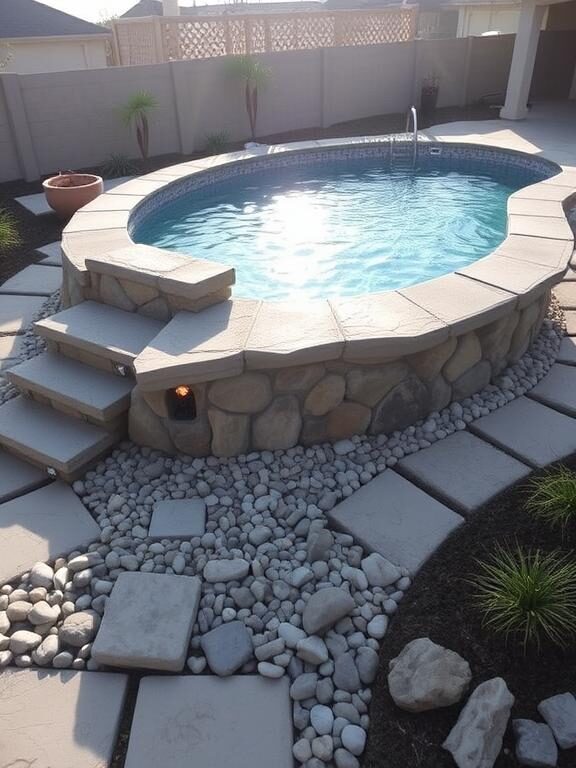 A stylish above-ground pool with a well-designed stone border made of smooth river rocks and decorative pebbles. The landscaping includes a mix of large and small stones, with LED pathway lights accentuating the design. The pool water glistens under the warm sunlight, making the backyard look polished and luxurious.