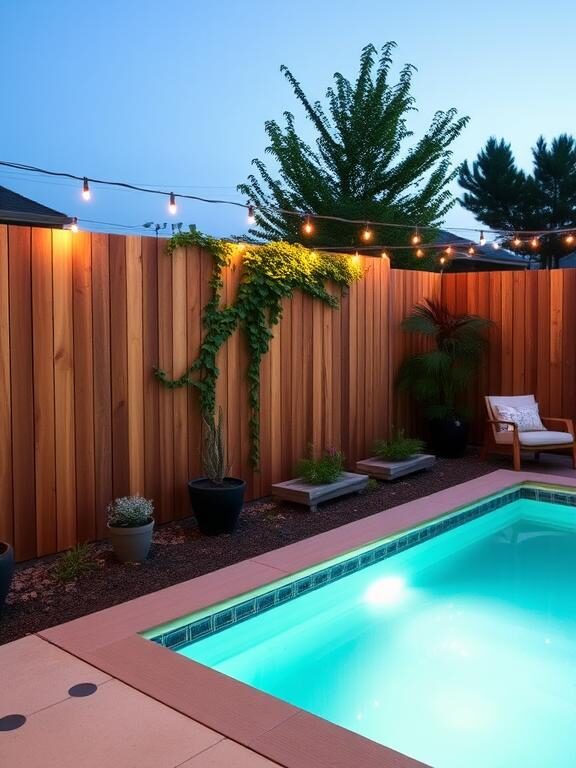 A modern backyard featuring an above-ground pool with a sleek wooden privacy fence. The fence has vertical slats with climbing ivy and potted plants placed strategically for added greenery. String lights are draped across the fence, casting a warm evening glow over the poolside seating area.