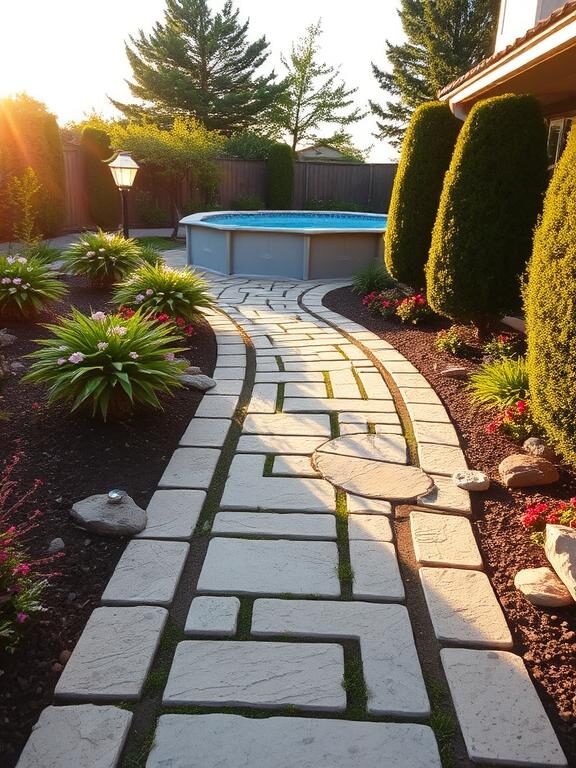 A charming garden pathway leading to an above-ground pool, made of natural stone pavers. The walkway is lined with solar-powered lights and surrounded by a mix of decorative flowers and neatly trimmed bushes. The scene is bathed in golden-hour sunlight, creating a welcoming and peaceful ambiance.