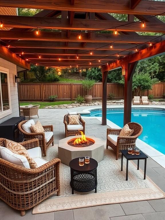 A cozy outdoor lounge area next to an above-ground pool, featuring a wooden pergola with hanging string lights. The seating area includes a mix of rattan chairs, plush cushions, and a fire pit table in the center. A soft outdoor rug and side tables with drinks add to the relaxed resort-style vibe.