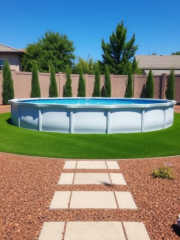 A sleek above-ground pool with artificial grass surrounding it, giving a fresh and well-maintained look. The pool area is framed by a combination of rubber mulch and neatly arranged stepping stones, creating a contrast between the green and earthy tones. The scene is bright and inviting under a clear blue sky.