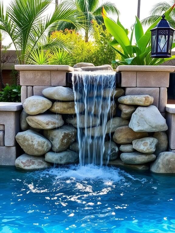 An above-ground pool with a stunning cascading waterfall feature. The waterfall flows over stacked natural stones into the pool, adding movement and a soothing ambiance. The water sparkles in the sunlight, while tropical plants and decorative lanterns enhance the luxurious aesthetic.