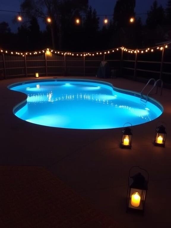 A beautifully lit above-ground pool at dusk, surrounded by glowing string lights and floating LED pool lights. The soft illumination reflects on the water, creating a warm and elegant atmosphere. The pool deck has lanterns placed along the edges, adding a cozy touch to the night setting.