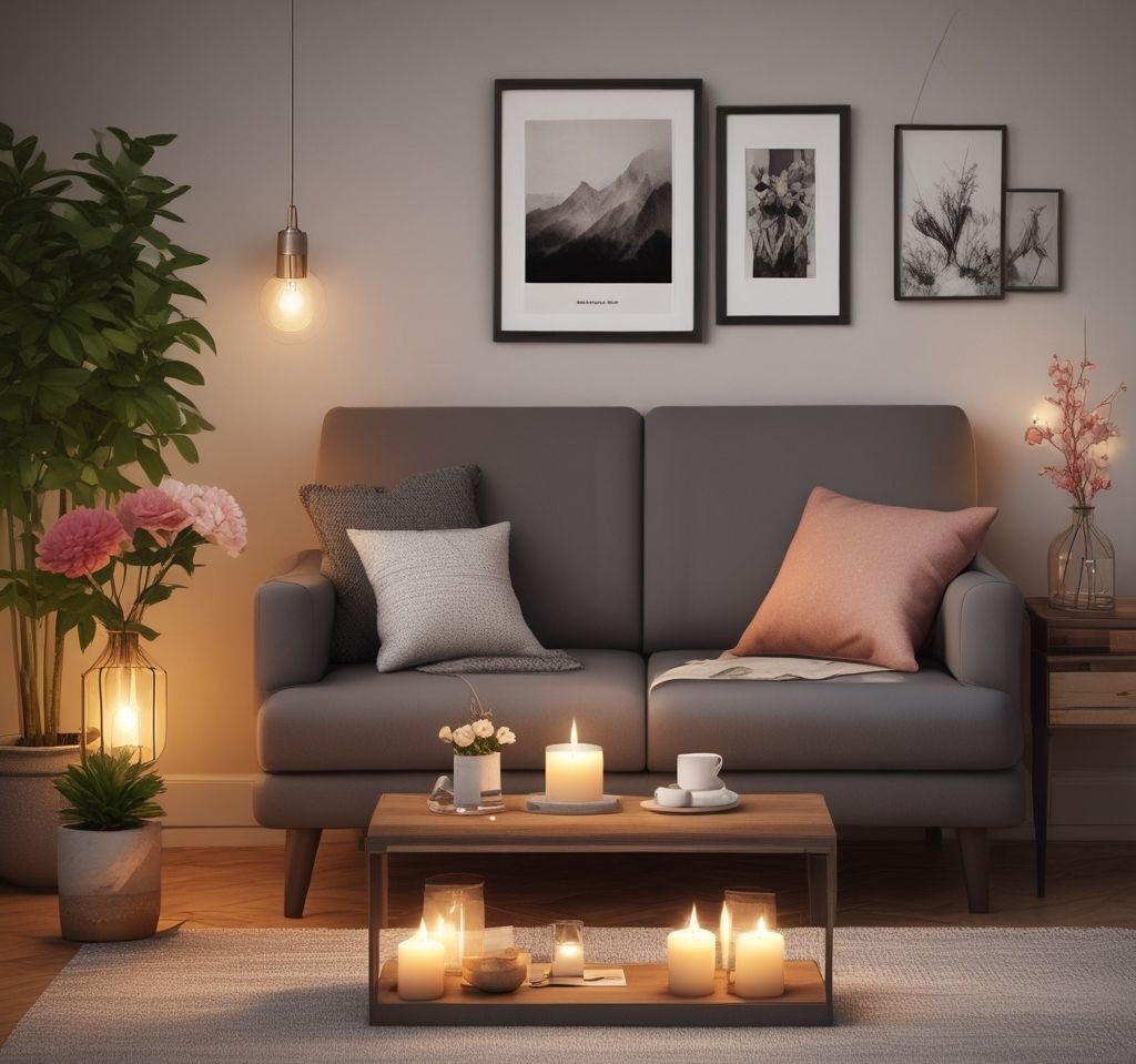 A beautifully styled small apartment living room, decorated for a housewarming party. Soft warm lighting, minimalist furniture, cozy throw pillows, and a small coffee table with candles and flowers. A welcoming banner on the wall adds a festive touch. The atmosphere is intimate and inviting.