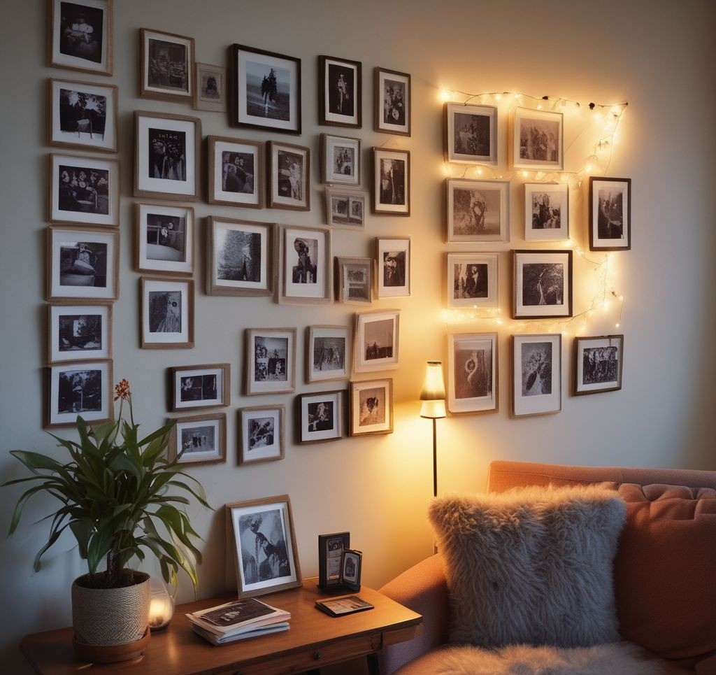 A cozy apartment corner featuring a beautifully arranged photo wall with polaroid pictures, fairy lights, and a “Home Sweet Home” neon sign. A small wooden side table holds a guestbook and a film camera for guests to take instant photos.