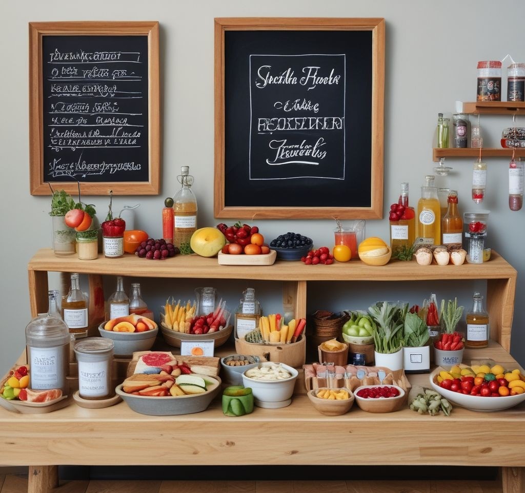 A stylish apartment dining space with a self-serve food and drink station. A wooden table is adorned with an assortment of appetizers, a build-your-own cocktail bar, and a stylish drink dispenser with fresh fruit-infused water. Small labels and handwritten chalkboard signs add a personal touch.