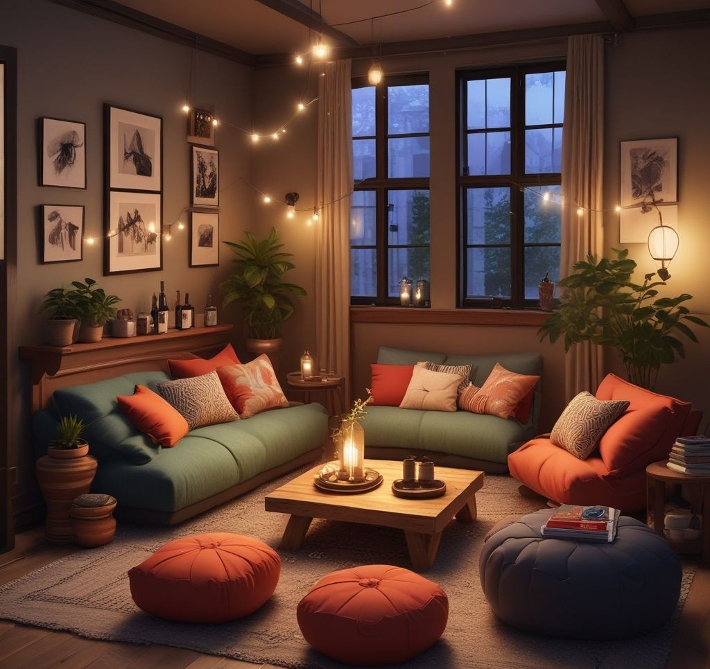 A small apartment living room creatively arranged with floor cushions, poufs, and foldable chairs to maximize seating. A cozy area rug and a few string lights add warmth, while guests relax comfortably with drinks in hand.