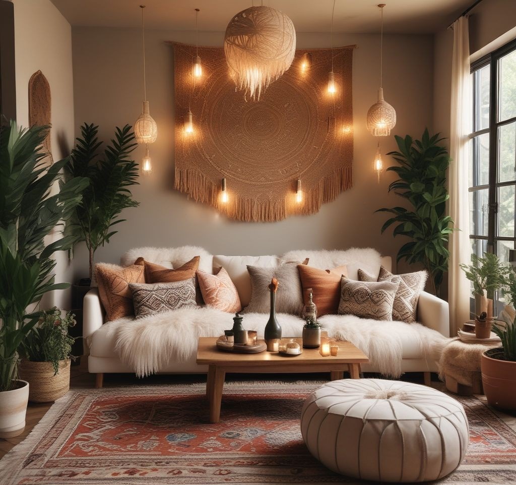 A trendy boho-themed apartment party with a warm color palette, macramé wall hangings, a low wooden table with Moroccan floor cushions, and fairy lights. The cozy ambiance is enhanced by pampas grass in vases and gold-accented dinnerware.