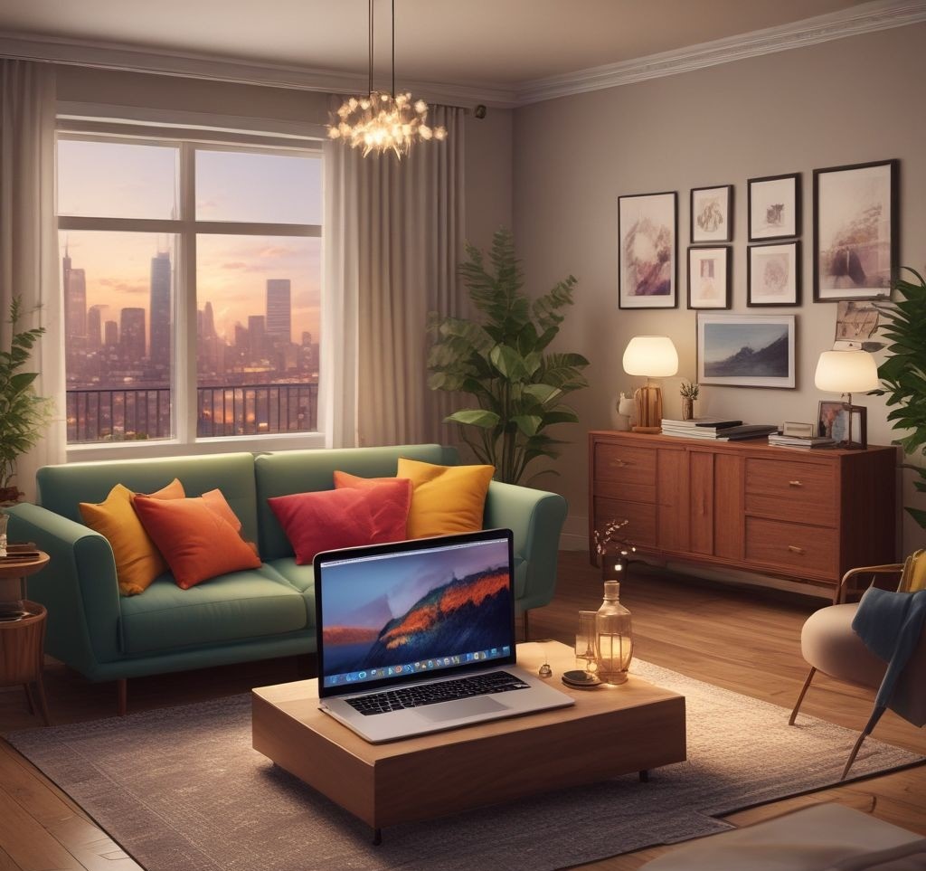 A stylish laptop setup in a well-lit apartment living room, connected to a virtual housewarming party. A few guests are seated on a couch, holding drinks while chatting with friends on the screen. The background features subtle party decorations and warm lighting.