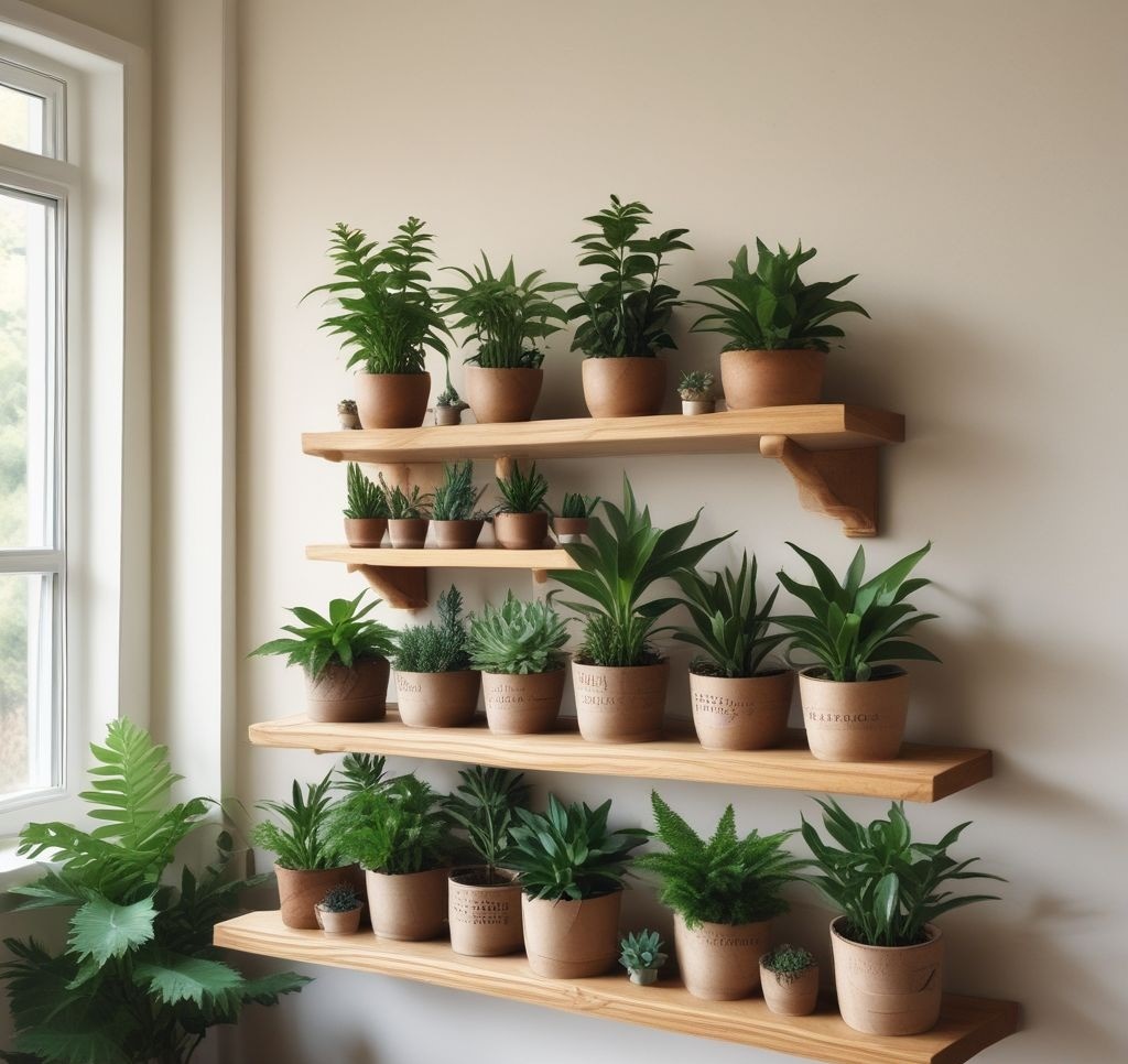A small corner in a bright apartment filled with houseplants like succulents, ferns, and peace lilies. A stylish wooden shelf holds mini potted plants wrapped in brown paper, labeled as party favors for guests. The natural light enhances the fresh, green atmosphere.