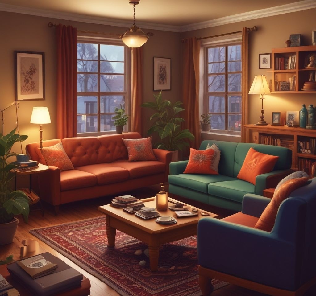 A cozy apartment living room where friends are gathered for a fun housewarming party game. A group of guests is laughing while playing a guessing game with small whiteboards. The scene is warm, with soft lighting and a chic background featuring a bookshelf and decor items.