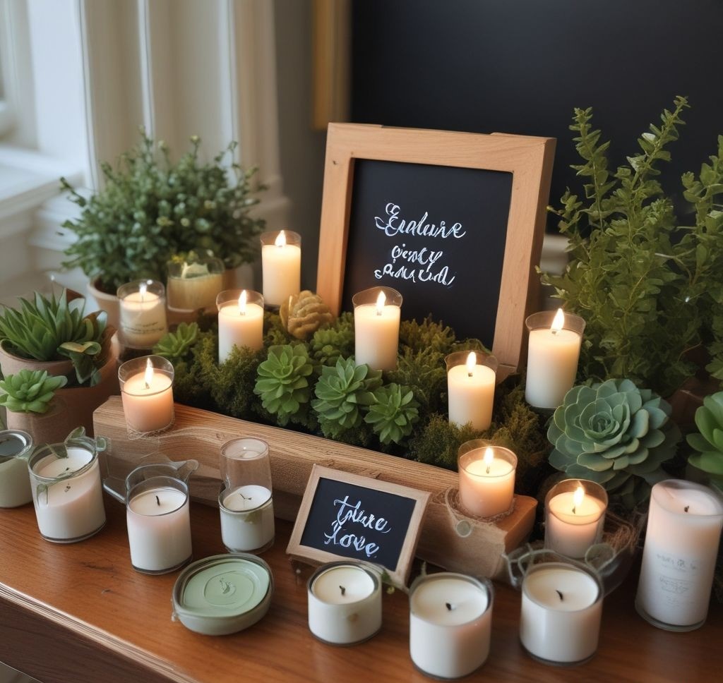 A small, stylish wooden table featuring personalized housewarming party favors. Mini candles, succulents, and custom thank-you notes wrapped in twine sit neatly arranged. A small chalkboard sign reads, "Take one, with love!"