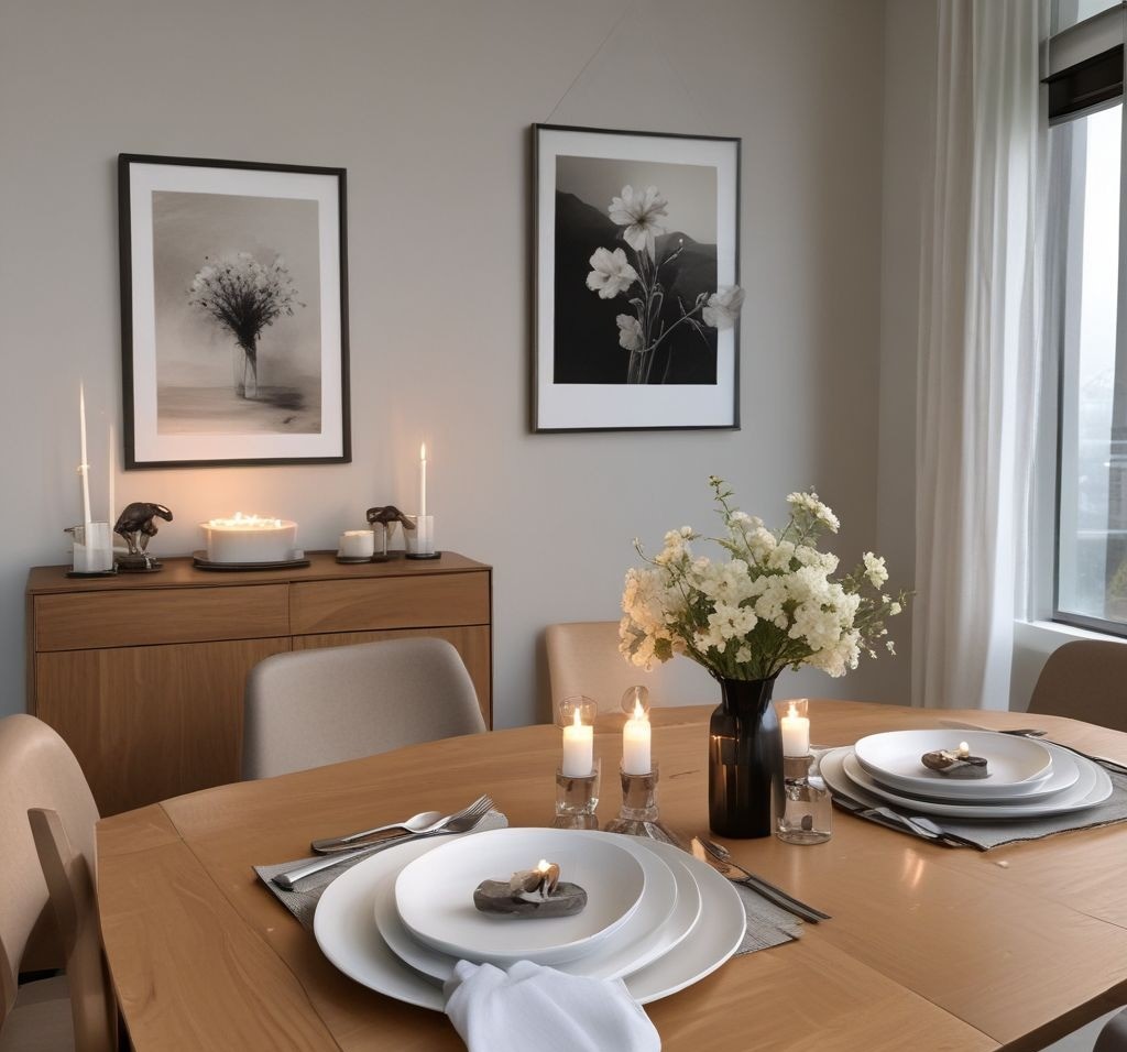 A modern apartment setup with a neutral color palette. A sleek wooden dining table with white plates, linen napkins, and a single floral centerpiece. Soft candlelight, minimal wall art, and a Scandinavian-style interior with a cozy yet sophisticated vibe.