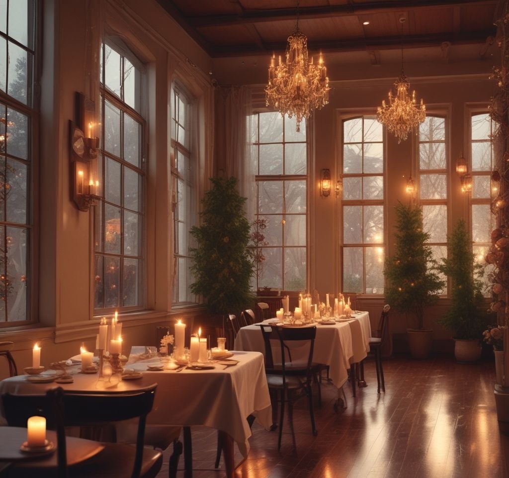 A beautifully decorated indoor space with soft warm-toned string lights draped along the walls. Candles of varying heights placed on tables and windowsills. A cozy yet elegant ambiance with a dimly lit room and golden reflections creating a dreamy aesthetic.