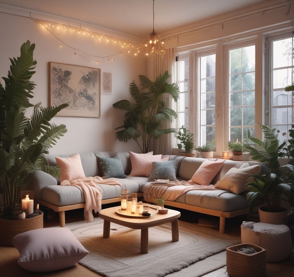 A boho-chic apartment with cozy floor seating arrangements. Soft pastel cushions, a low wooden coffee table with candles and plants, and warm fairy lights overhead. A group of friends enjoying a relaxed conversation, adding a warm and inviting feel.
