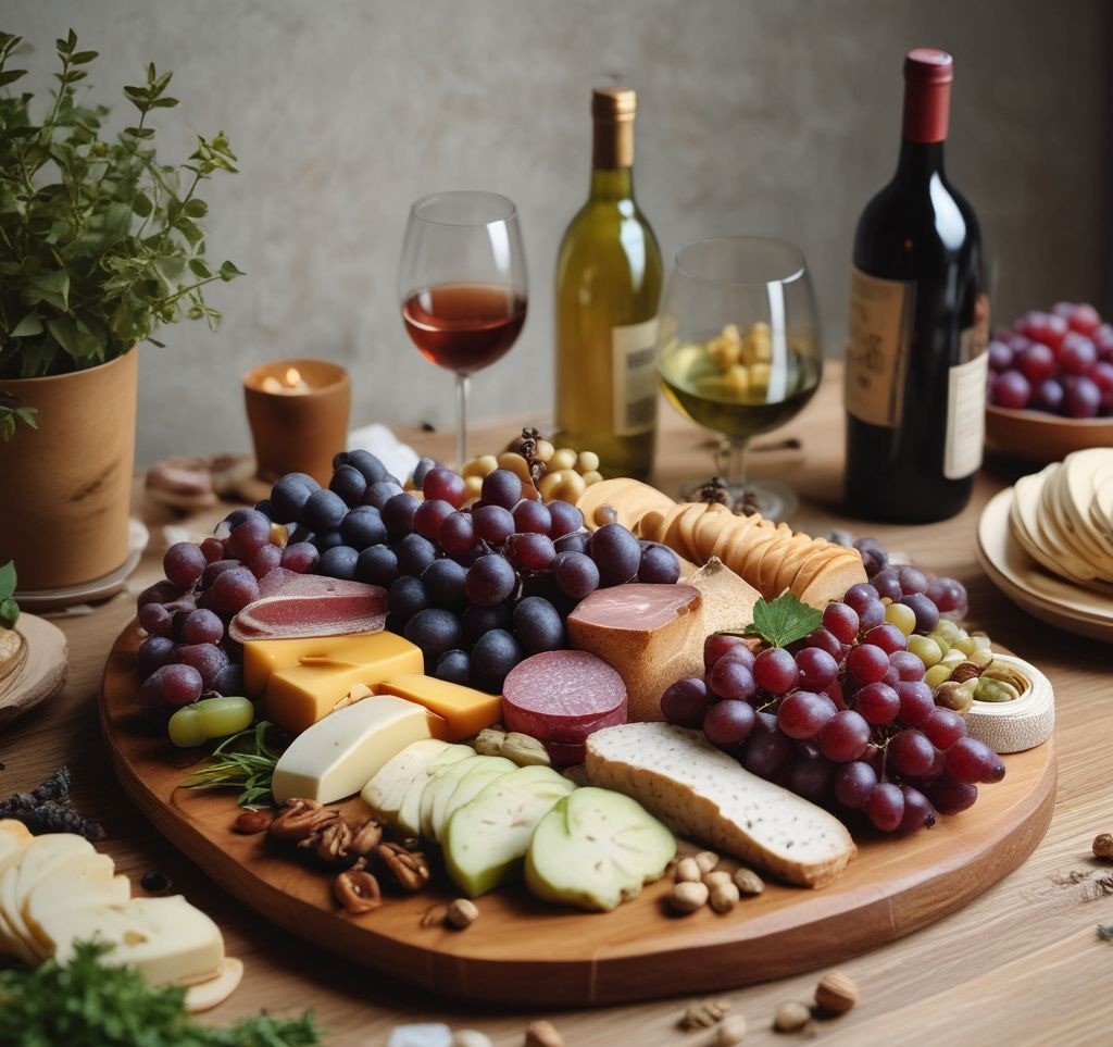 A beautifully styled charcuterie board on a wooden table. A mix of cheeses, grapes, crackers, nuts, and fresh herbs arranged aesthetically. Gold-rimmed glasses with wine and a background featuring a modern kitchen with soft lighting.