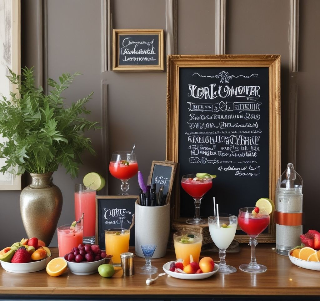 A stylish cocktail bar setup with a DIY drink station. Elegant glasses filled with colorful cocktails, each garnished with fresh fruit and herbs. A small chalkboard sign with "Create Your Own Cocktail" written in calligraphy, set in a warm and inviting home setting.