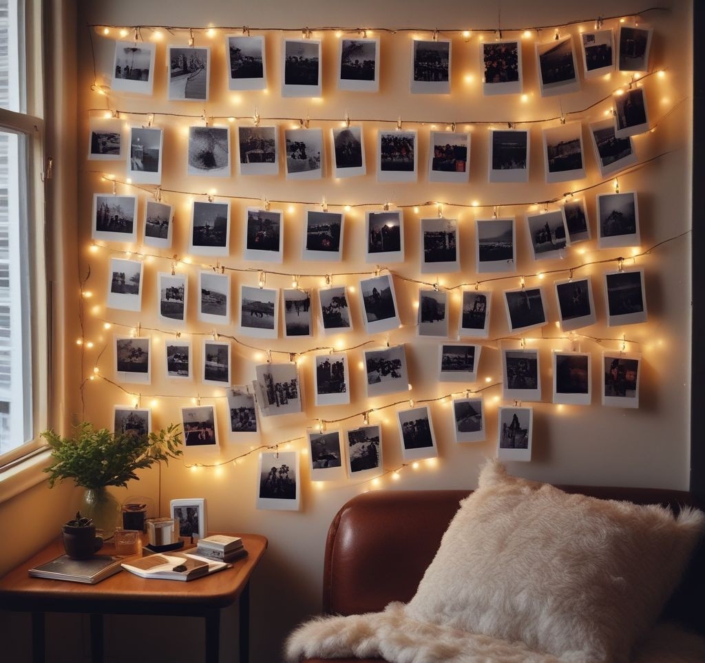 A cozy indoor space with a stylish Polaroid photo wall. String lights with Polaroid pictures clipped to them, featuring guests smiling and enjoying the party. A small wooden side table with a vintage Polaroid camera and a guestbook for messages.