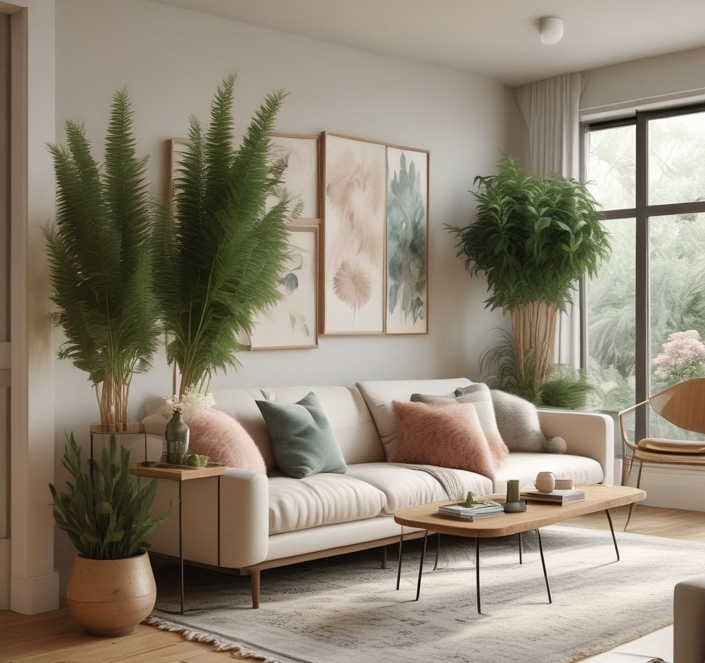 A modern apartment filled with lush greenery and floral decor. Pampas grass in vases, hanging green vines, and a pastel-colored floral arrangement on a wooden shelf. A stylish, airy living room with a soft natural light glow.