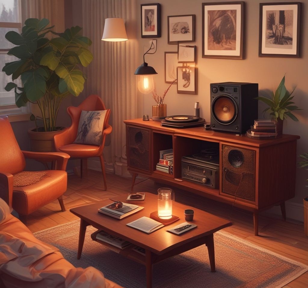 A cozy living room scene featuring a vintage-style Bluetooth speaker playing music. A small coffee table with candles, a vinyl record player, and a playlist on a phone screen displaying an aesthetic music mix. A relaxed and inviting atmosphere with warm lighting.