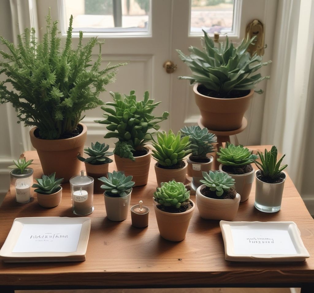 A beautifully arranged table with small housewarming party favors. Mini potted succulents, scented candles in minimalist packaging, and personalized name tags. A wooden tray near the door where guests can pick up their thank-you gifts.