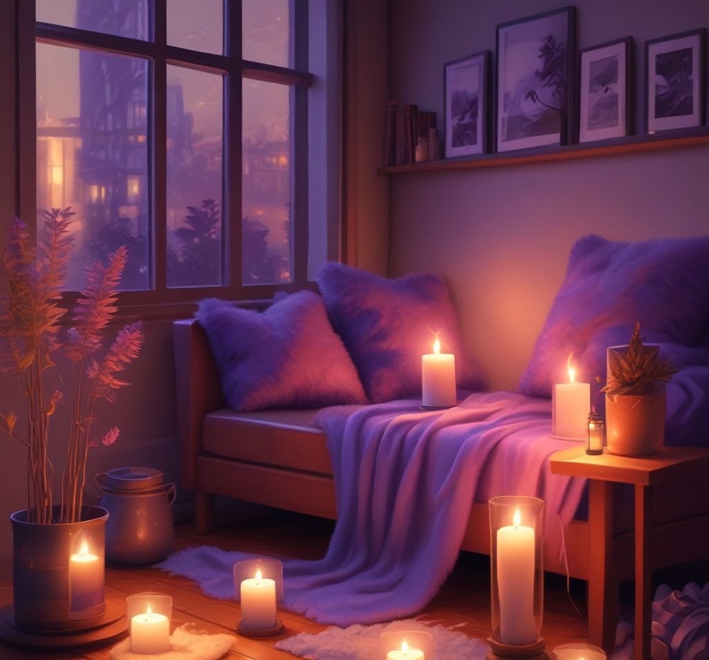 A cozy apartment with scented candles glowing on a wooden shelf. A glass diffuser with reeds releasing a soft lavender or vanilla scent. A plush couch, fluffy blankets, and warm ambient lighting creating a relaxing and inviting atmosphere.