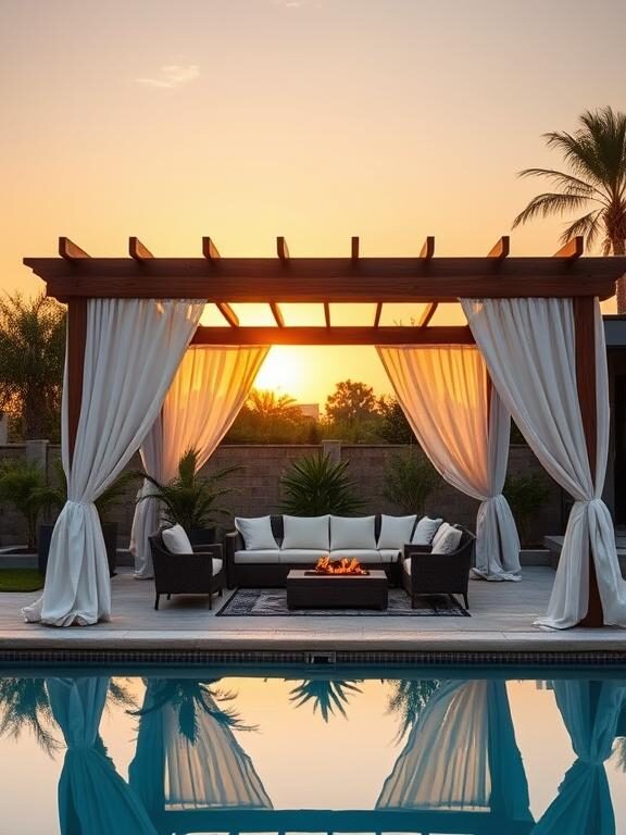 A luxurious above-ground pool area with a modern wooden pergola draped in flowing white curtains. Under the pergola, a stylish lounge setup includes a wicker sofa, tropical plants, and a small fire pit. The background features a beautiful sunset, adding a warm golden glow to the scene.

