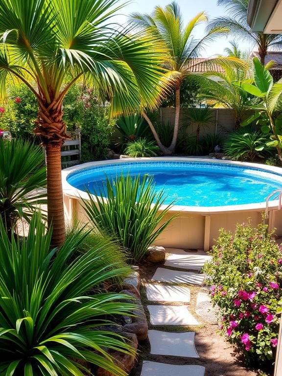 A backyard oasis featuring an above-ground pool surrounded by tropical plants, including palm trees, ornamental grasses, and flowering shrubs. The pool water sparkles in the sunlight, reflecting the vibrant greenery. A small stone pathway winds through the plants, leading to a cozy seating area.