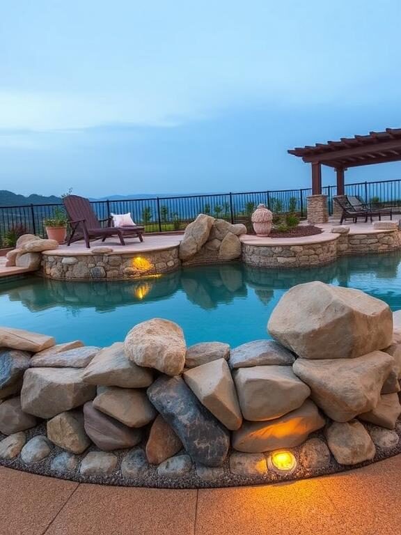 A stylish above-ground pool with a decorative stone border. The pool is encircled by smooth river rocks and large decorative boulders, giving it a natural and elegant look. Soft solar lighting highlights the stone texture, and a wooden lounge chair sits nearby under a shaded pergola.

