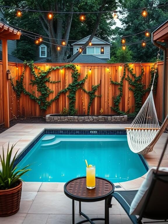  A serene backyard pool area enclosed by a stylish wooden slat privacy fence. The fence is adorned with climbing ivy and fairy lights, creating a cozy and secluded retreat. A hammock and a small coffee table with a glass of lemonade sit nearby, enhancing the relaxation vibe.
