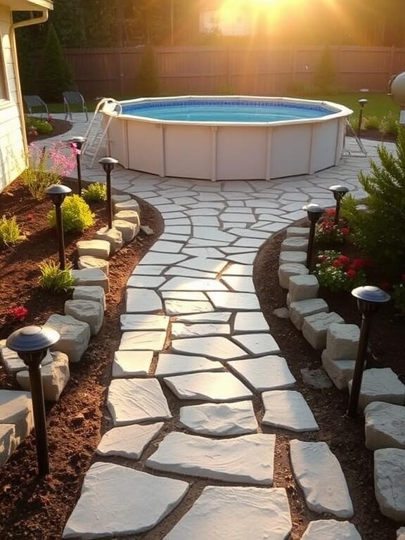  A charming outdoor space featuring a stone walkway leading to an above-ground pool. The path is made of rustic flagstone, bordered by colorful flowers and solar pathway lights. The sun casts a warm golden hue, creating a welcoming and inviting atmosphere.