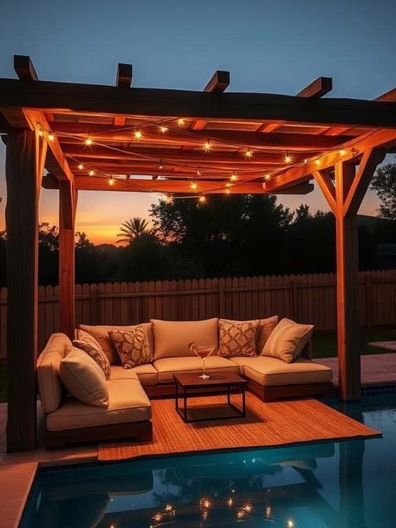 A dreamy above-ground poolside lounge setup with a rustic wooden pergola providing shade. Underneath, there are soft outdoor cushions, a woven rug, and a small table with a tropical cocktail. String lights drape across the pergola, illuminating the cozy space as the sun sets.