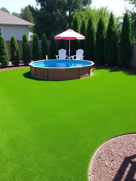 A clean and modern backyard with an above-ground pool surrounded by lush artificial turf. The vibrant green turf contrasts with the cool blue water, creating a refreshing look. A few Adirondack chairs and a matching umbrella sit nearby, providing a perfect relaxation spot.