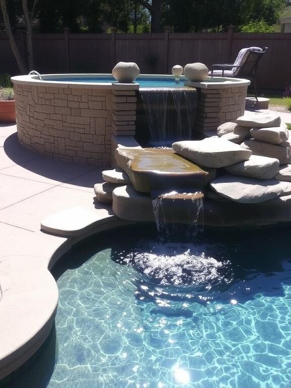 A tranquil backyard with an above-ground pool complemented by a cascading stone waterfall. Water flows gently over stacked rocks into a small pond near the pool, creating a peaceful, spa-like ambiance. Sunlight reflects off the water, enhancing the relaxing atmosphere.