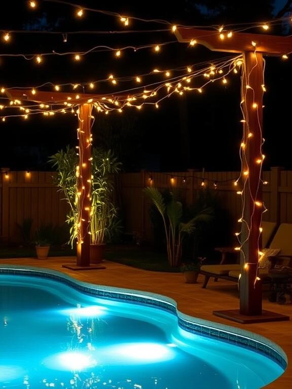 A backyard pool area illuminated by warm, twinkling string lights hanging from wooden posts. The soft glow highlights the surrounding plants, and floating LED pool lights add a magical touch to the water. The entire setting exudes a cozy and inviting nighttime vibe.

