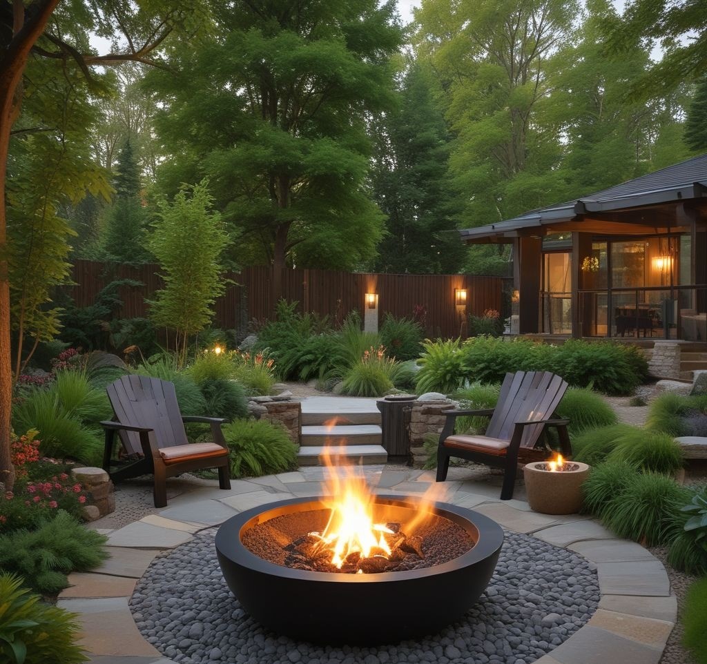A large, matte black steel bowl firepit sits in the center of a beautifully landscaped backyard. Flames flicker over smooth river stones inside the bowl. The seating area includes wooden Adirondack chairs and a wooden deck with built-in lighting. Lush greenery and a modern pergola frame the setting, creating an elegant and cozy environment.