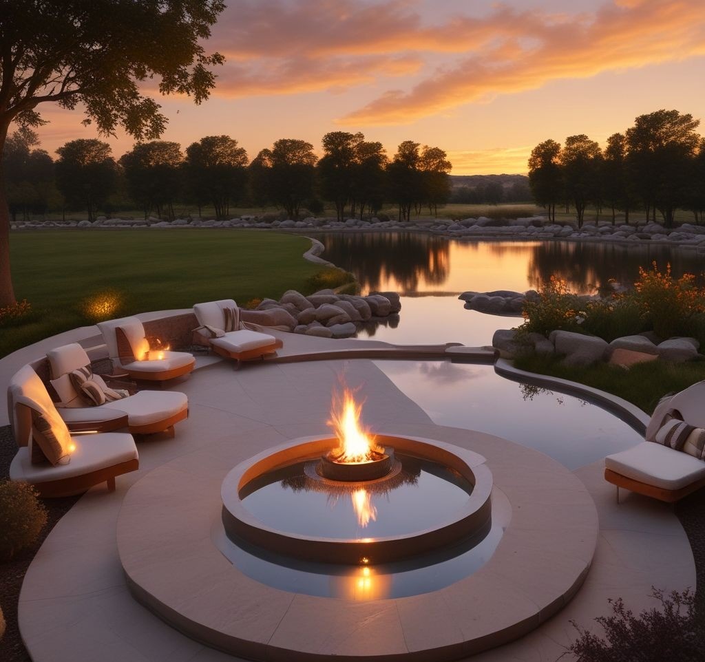 A breathtaking backyard with a floating firepit in the center of a sleek reflecting pool. The firepit is a circular stone platform with an elegant gas flame, giving the illusion of fire floating on water. The reflecting pool surrounds a modern lounge area with minimalist outdoor furniture and soft lighting. The setting is illuminated by the golden hues of a sunset, adding to the tranquil and luxurious feel.