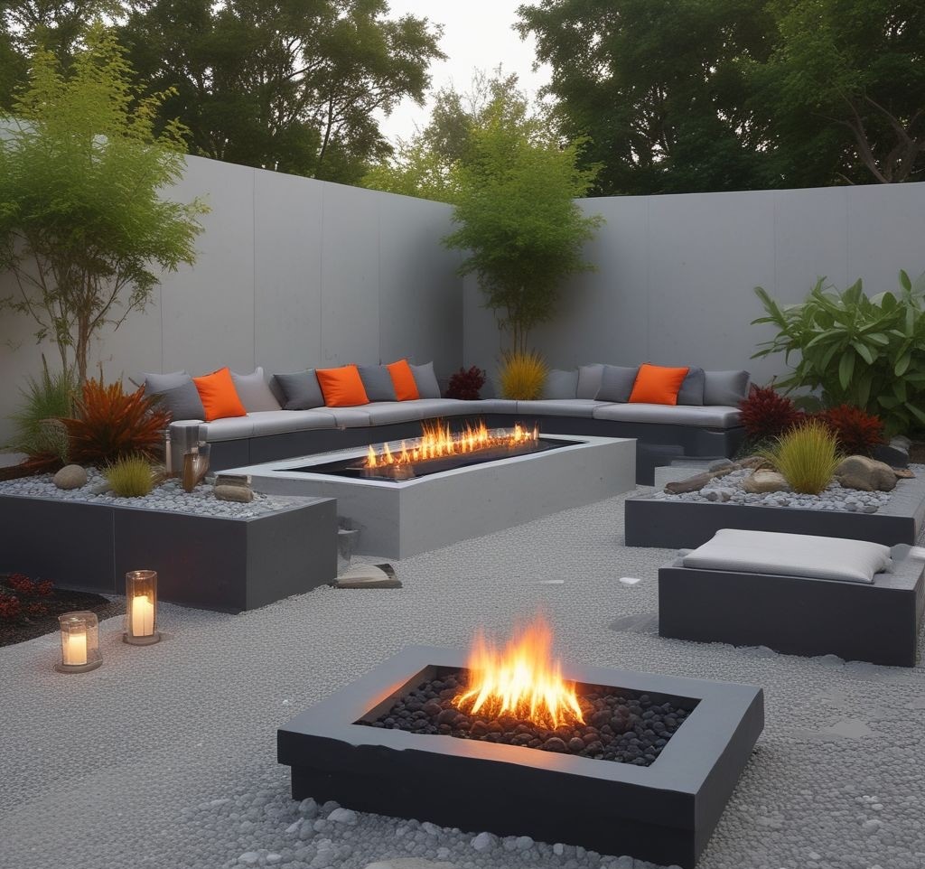 A modern backyard featuring a long, rectangular firepit filled with dark black lava rocks. Bright orange flames rise between the stones, creating a striking contrast. The firepit is built into a smooth concrete base and surrounded by a contemporary outdoor sofa with clean lines. Small lanterns and potted succulents decorate the space, adding to the sleek and edgy aesthetic.