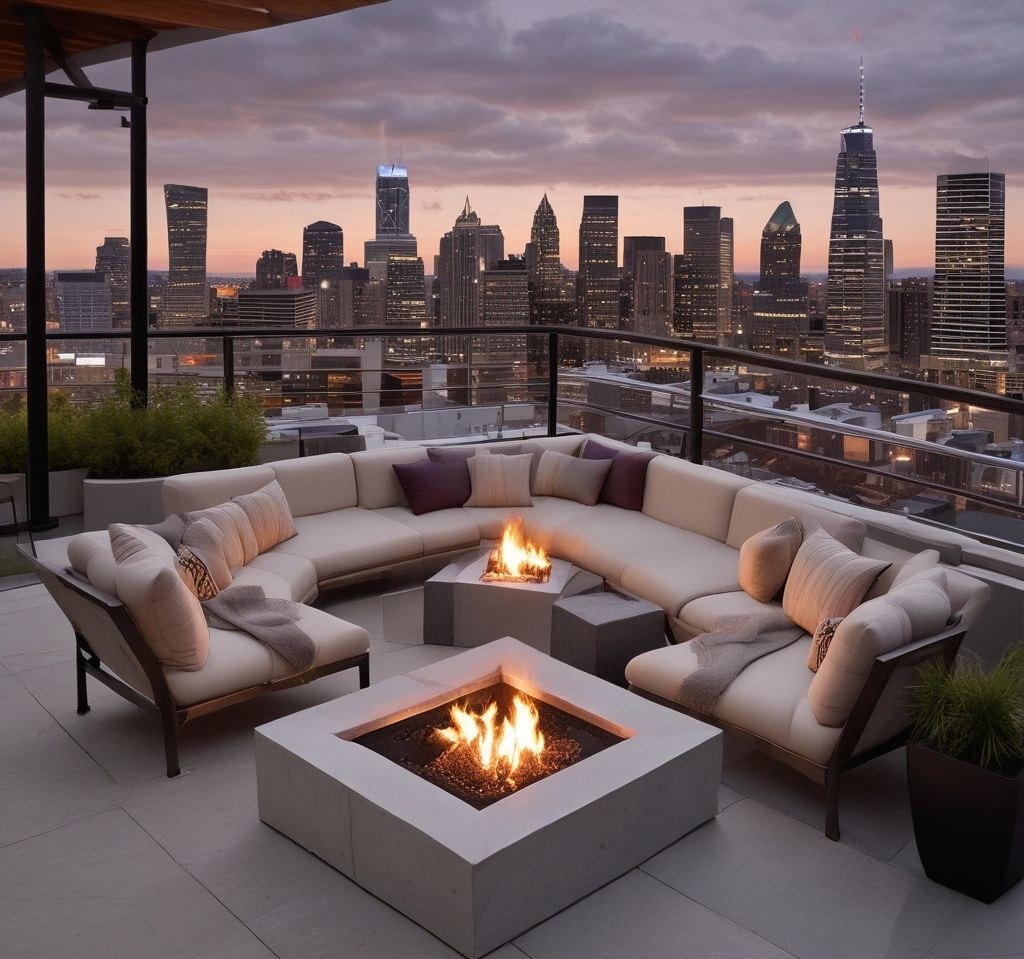 A stylish rooftop patio with a compact firepit coffee table as the centerpiece. The fire table is small and square, made of polished concrete with an elegant flame in the middle. The seating consists of modern outdoor chairs with soft blankets draped over them. The city skyline glows in the background, making this a cozy and sophisticated urban retreat.
