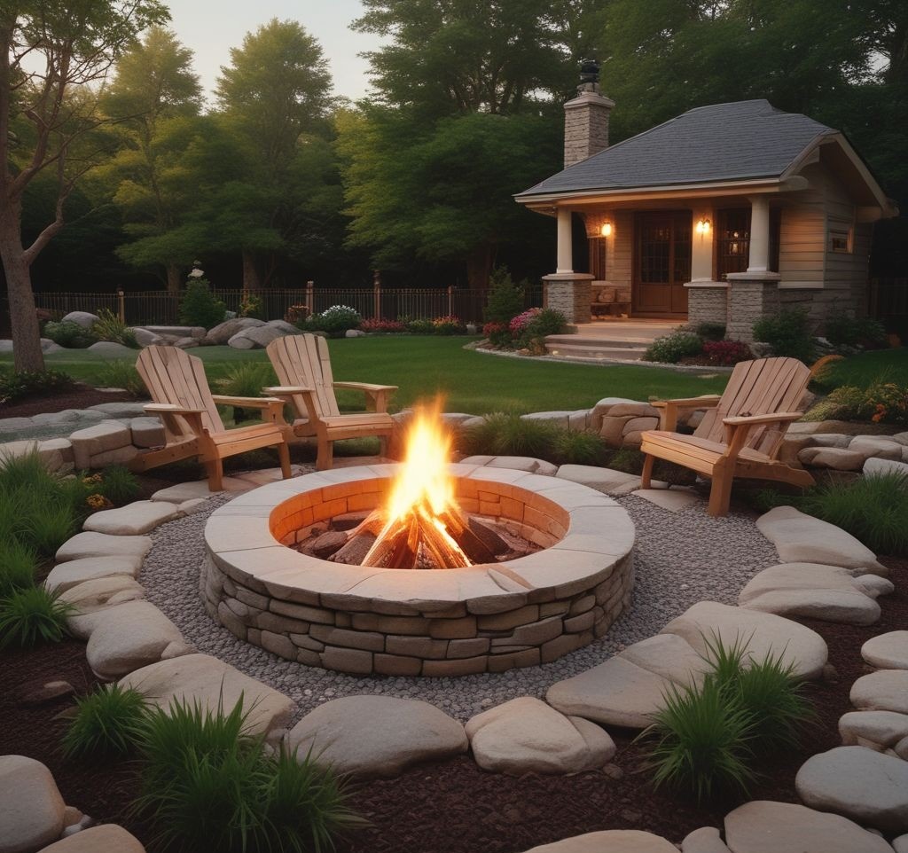A seamless in-ground firepit designed with natural stone, blending effortlessly with the surrounding outdoor flooring. The firepit has a warm glow with Adirondack chairs arranged around it. The area is surrounded by a lush, manicured lawn and subtle pathway lighting, creating a sophisticated yet natural backyard retreat. The night sky is filled with stars, enhancing the cozy ambiance.